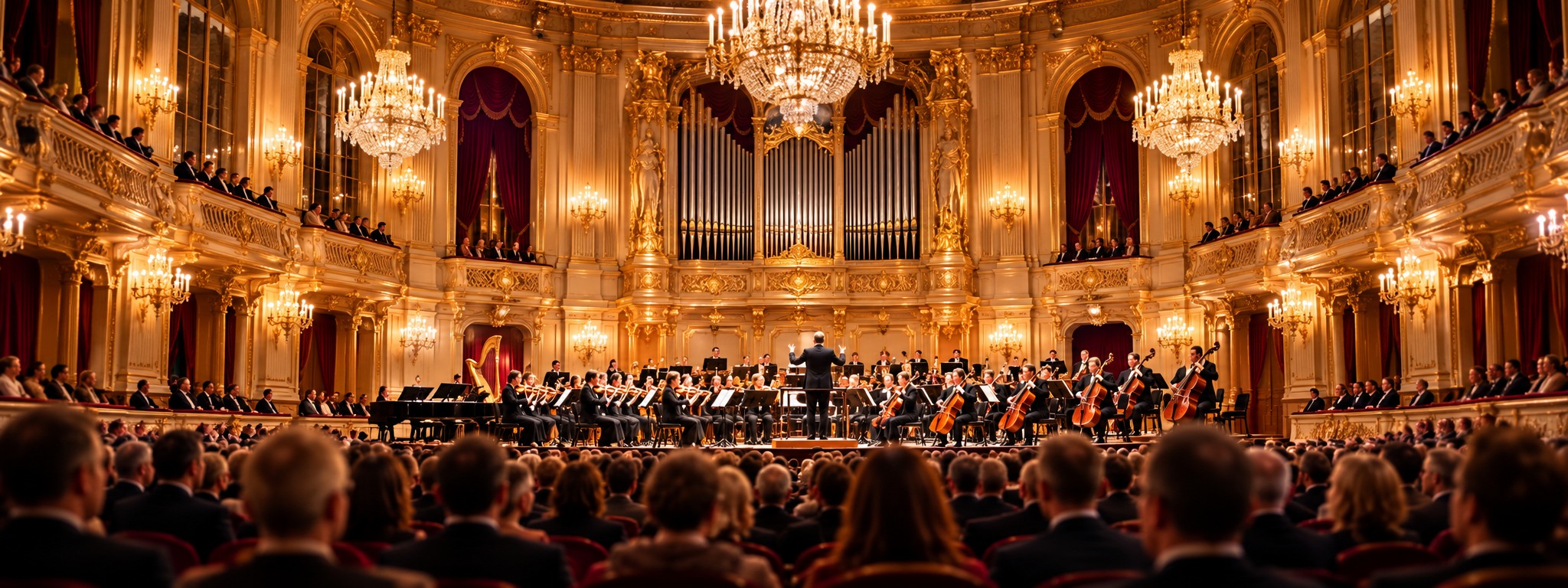 Festlig konsertsal med publik och orkester